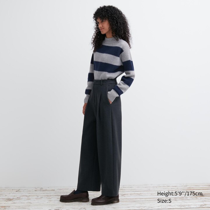 UNIQLO Brushed Jersey Pleated Wide Leg Trousers Short Mørke | 34LOEVAXY