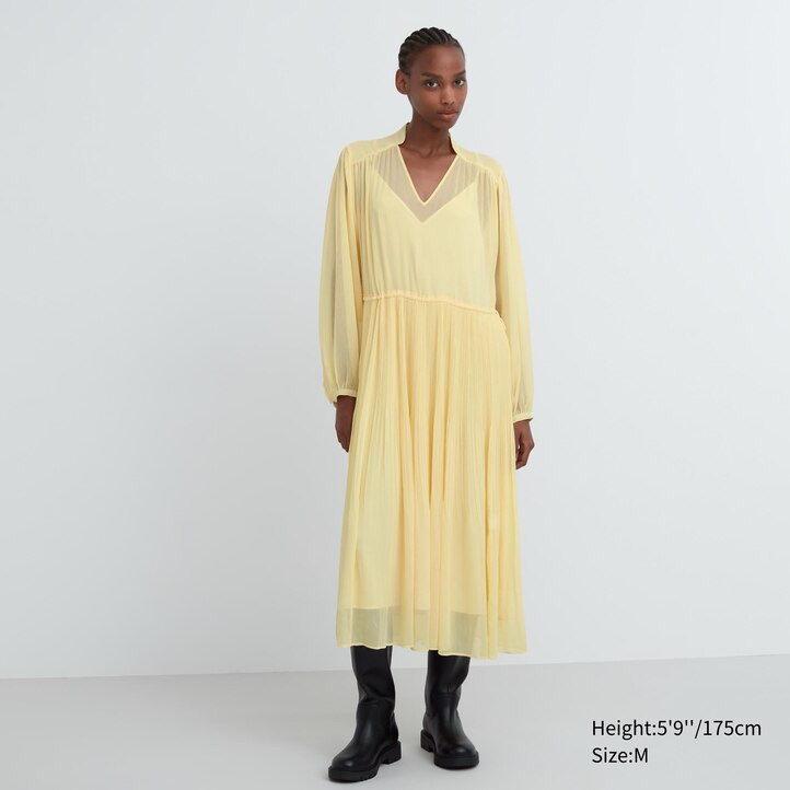 UNIQLO Chiffon Pleated Long Sleeved Dress Gul | 04TCKHNXF