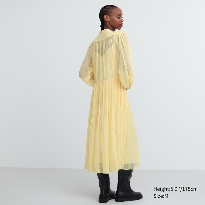 UNIQLO Chiffon Pleated Long Sleeved Dress Gul | 04TCKHNXF