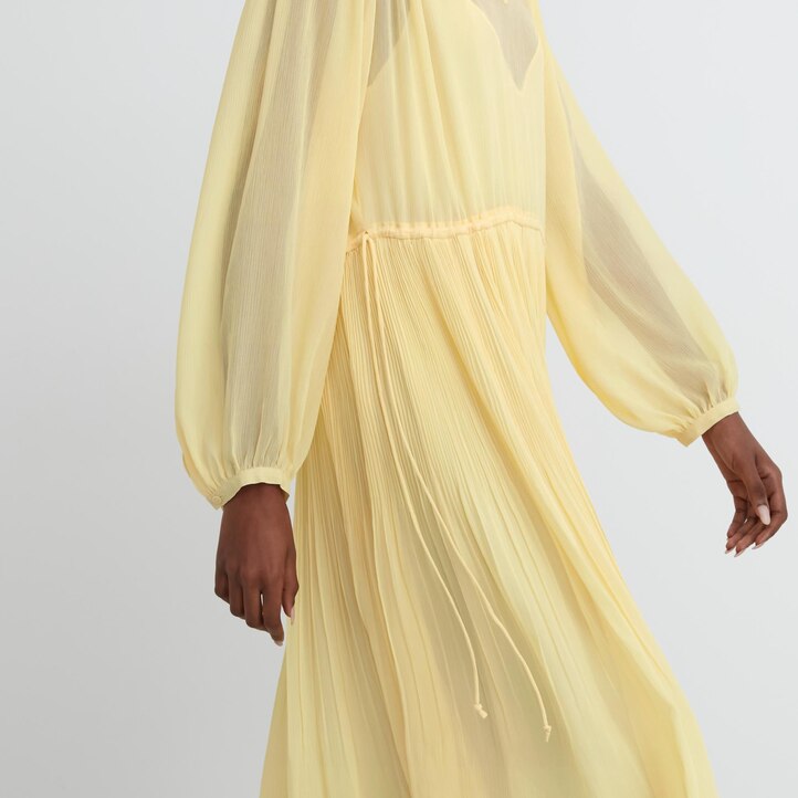 UNIQLO Chiffon Pleated Long Sleeved Dress Gul | 04TCKHNXF