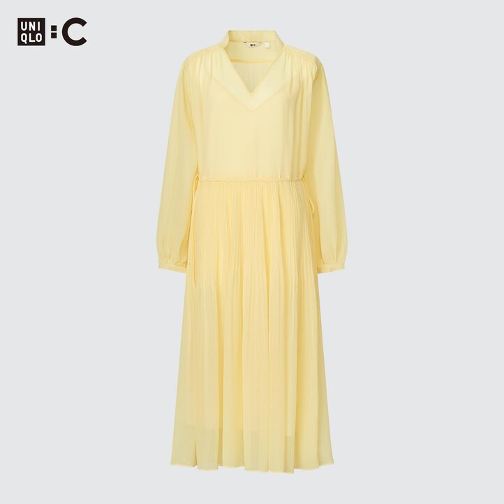 UNIQLO Chiffon Pleated Long Sleeved Dress Gul | 04TCKHNXF