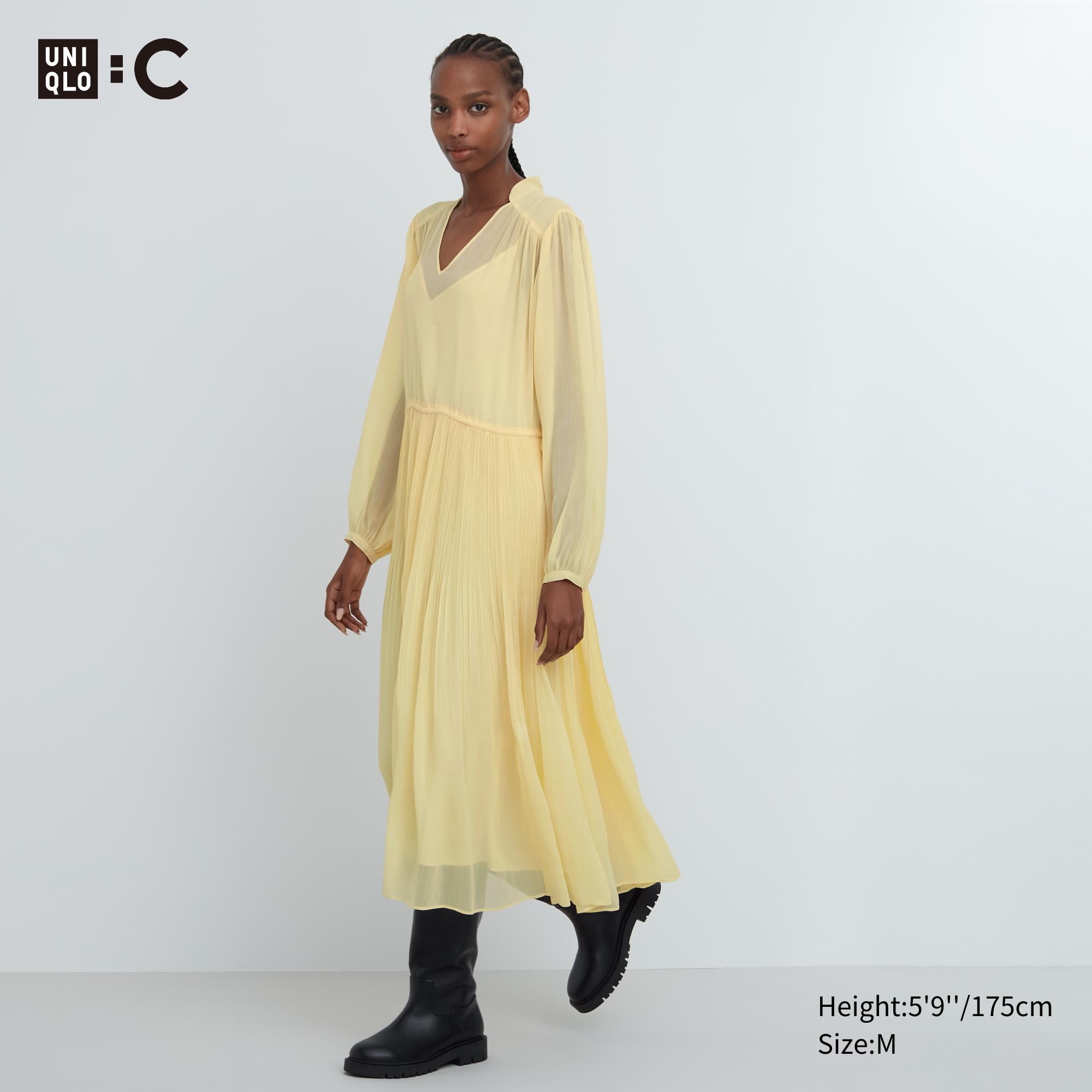 UNIQLO Chiffon Pleated Long Sleeved Dress Gul | 04TCKHNXF