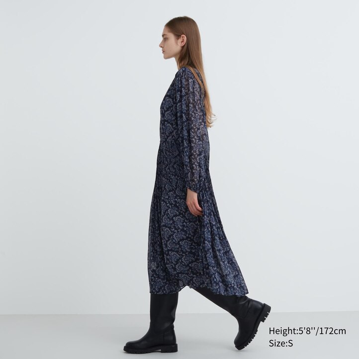 UNIQLO Chiffon Pleated Printed Long Sleeved Dress Hvite | 32VPTJFBZ