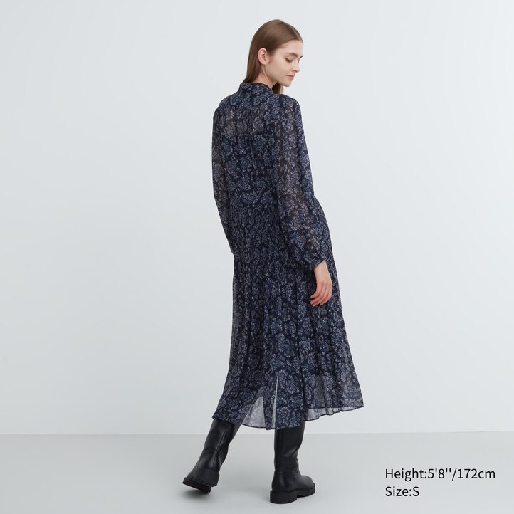 UNIQLO Chiffon Pleated Printed Long Sleeved Dress Hvite | 32VPTJFBZ