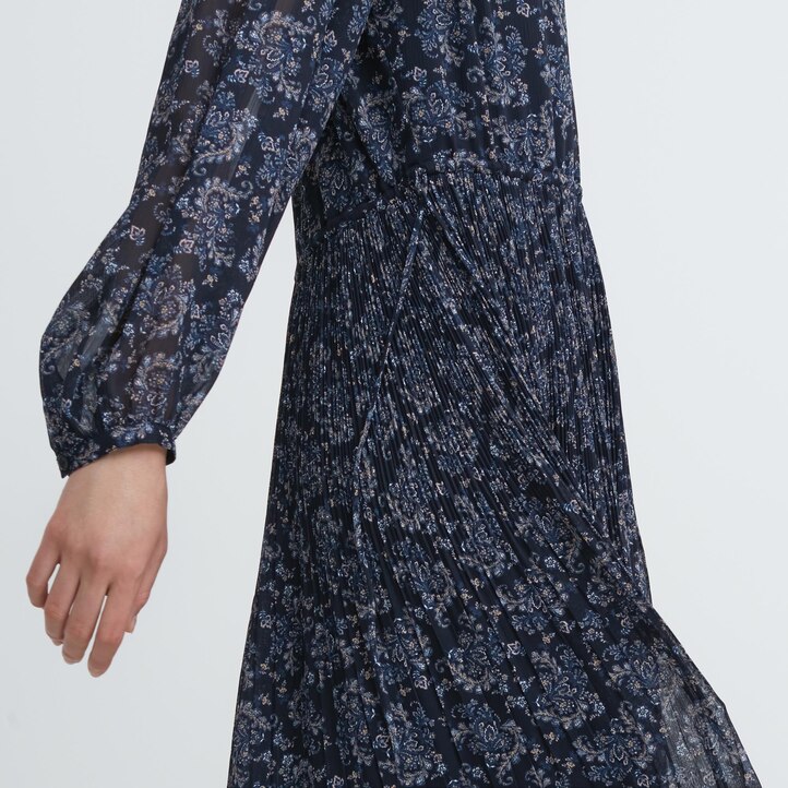 UNIQLO Chiffon Pleated Printed Long Sleeved Dress Hvite | 32VPTJFBZ