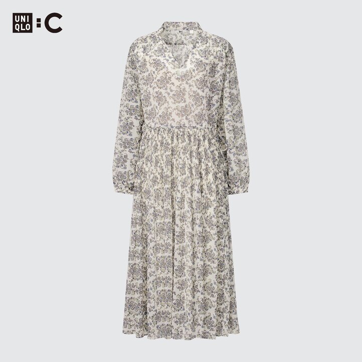 UNIQLO Chiffon Pleated Printed Long Sleeved Dress Hvite | 32VPTJFBZ