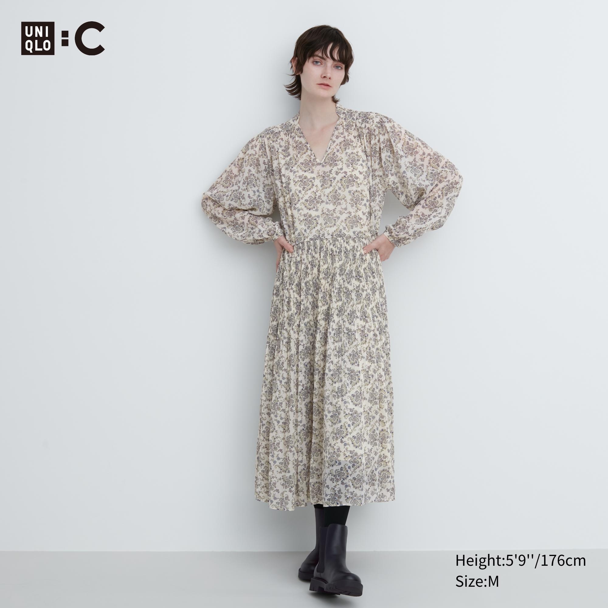 UNIQLO Chiffon Pleated Printed Long Sleeved Dress Hvite | 32VPTJFBZ