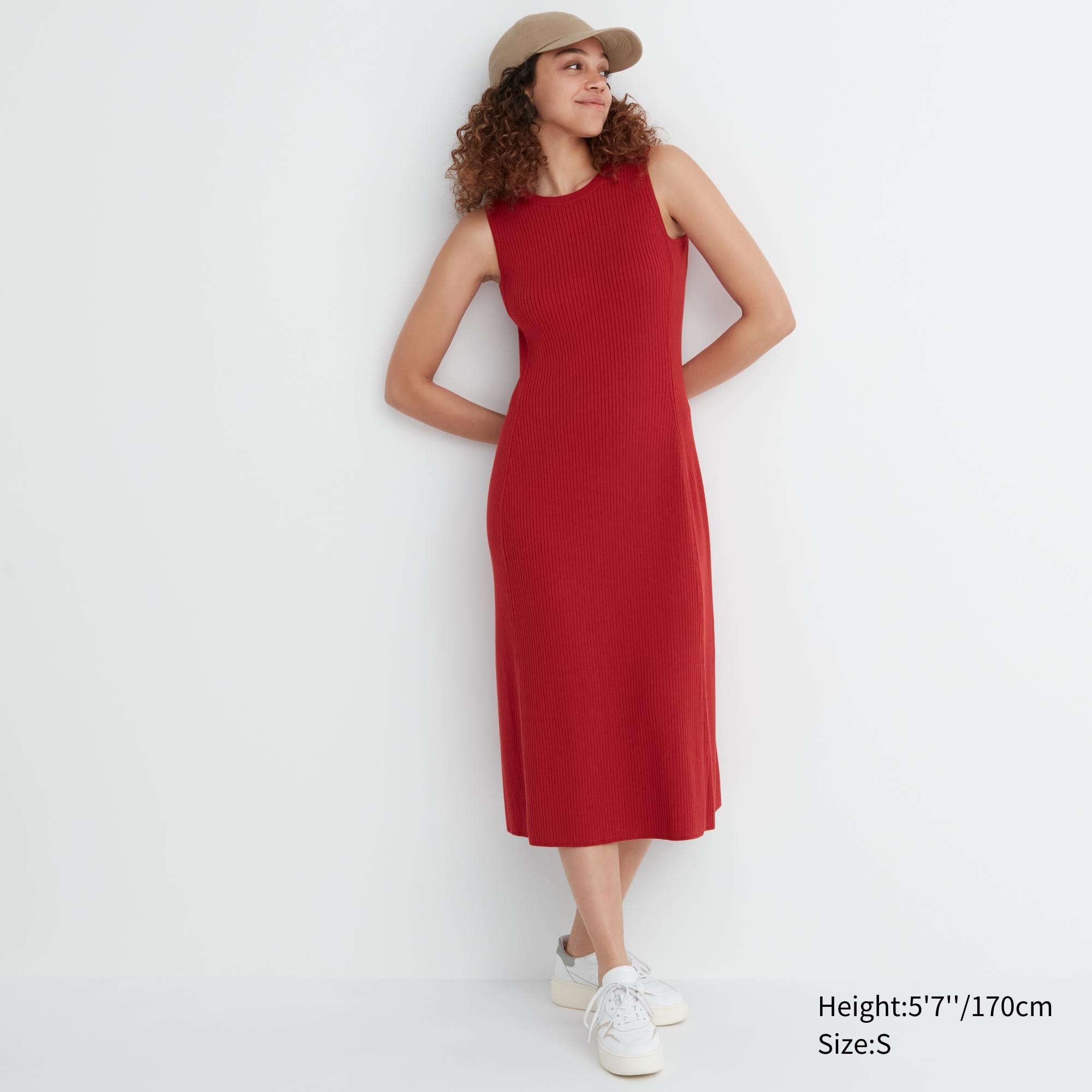 UNIQLO Cotton Blend Knit Sleeveless Dress Rød | 65BOXHAZJ