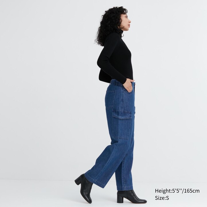 UNIQLO Denim Wide Leg Cargo Trousers Blå | 39LREWIYV