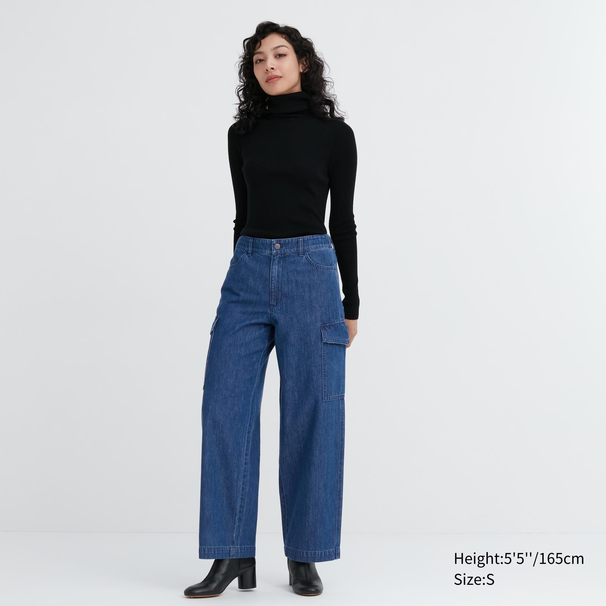 UNIQLO Denim Wide Leg Cargo Trousers Blå | 39LREWIYV