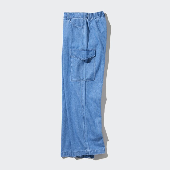 UNIQLO Denim Wide Straight Leg Cargo Trousers Long Blå | 76HSFDMQG