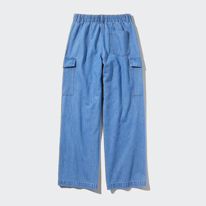 UNIQLO Denim Wide Straight Leg Cargo Trousers Long Blå | 76HSFDMQG