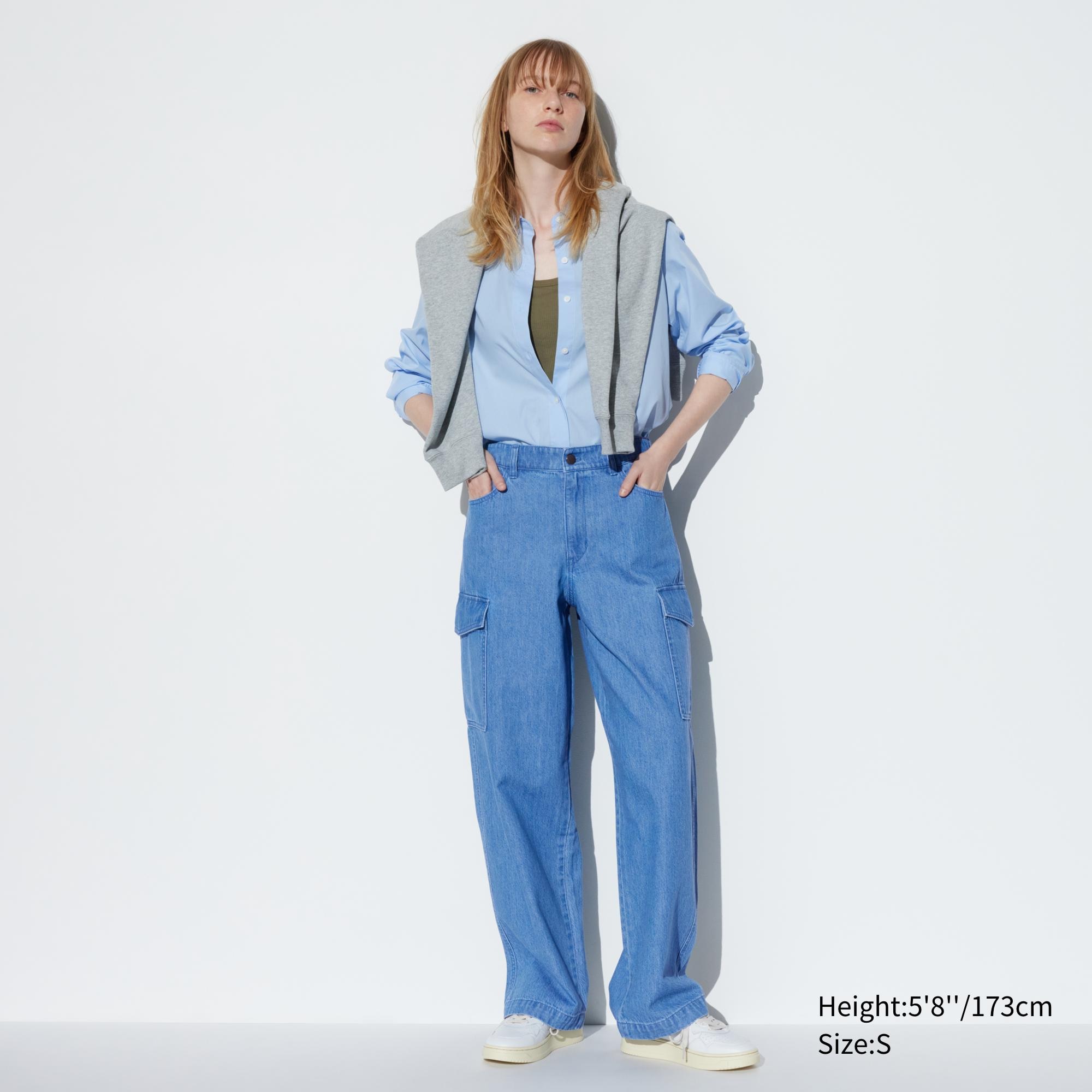 UNIQLO Denim Wide Straight Leg Cargo Trousers Long Blå | 76HSFDMQG