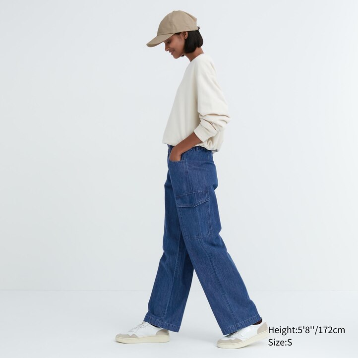 UNIQLO Denim Wide Straight Leg Cargo Trousers Long Blå | 50ILEBUXN