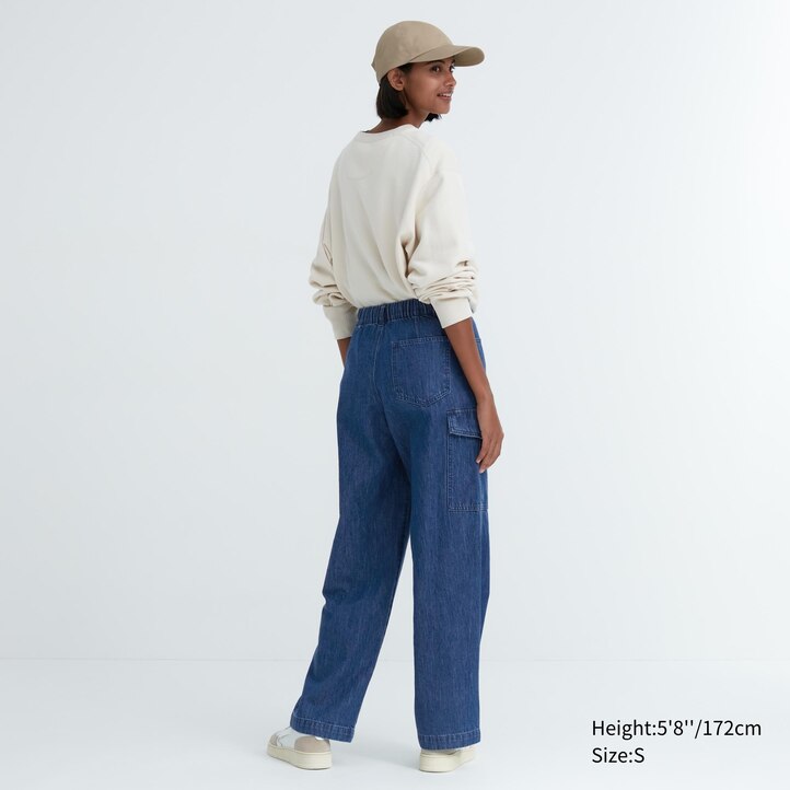 UNIQLO Denim Wide Straight Leg Cargo Trousers Long Blå | 50ILEBUXN