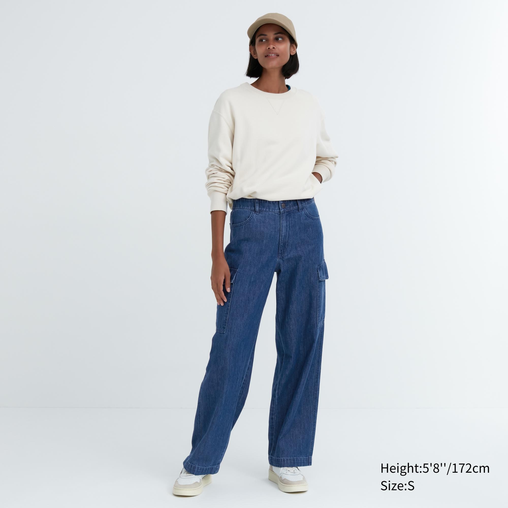 UNIQLO Denim Wide Straight Leg Cargo Trousers Long Blå | 50ILEBUXN