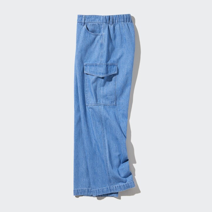 UNIQLO Denim Wide Straight Leg Cargo Trousers Blå | 10UWPSERH