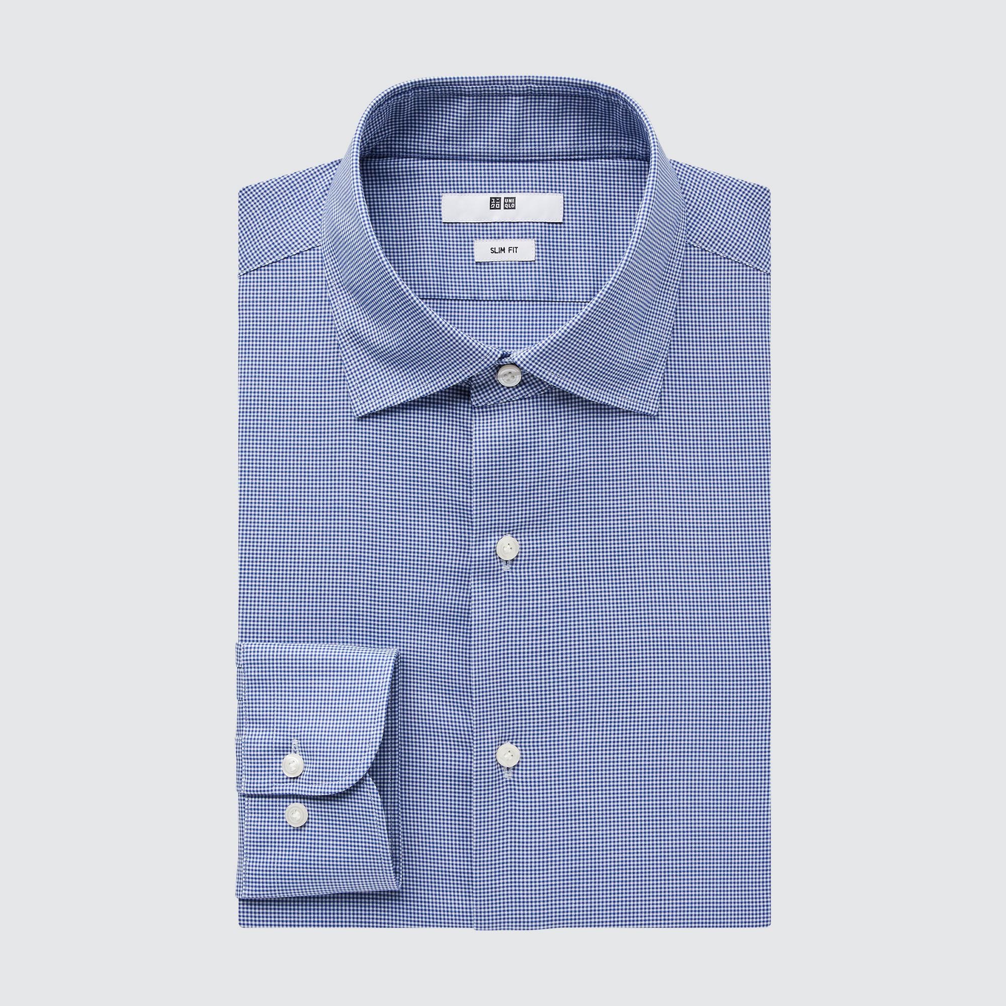 UNIQLO Easy Care Stretch Slim Fit Checked Shirt Semi Cutaway Collar Blå | 98BEPRXSI