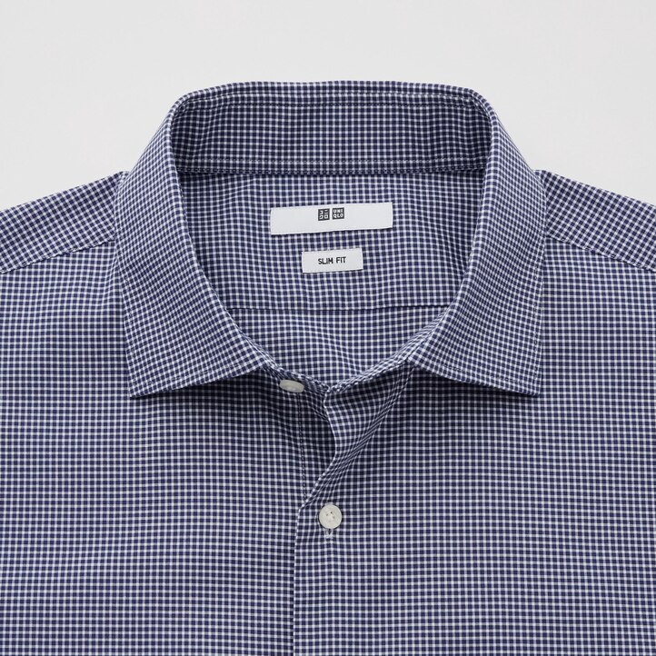 UNIQLO Easy Care Stretch Slim Fit Checked Shirt Semi Cutaway Collar Marineblå | 91HYMBXKZ