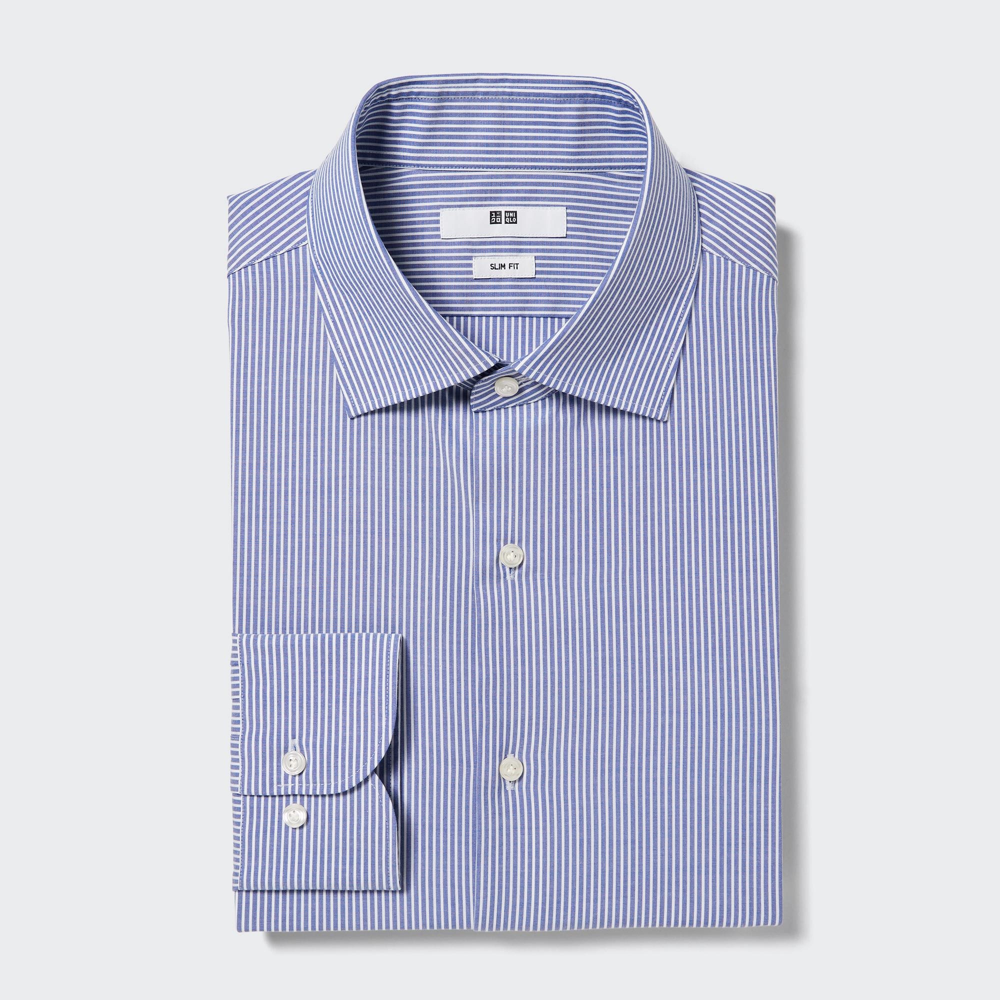 UNIQLO Easy Care Stretch Slim Fit Striped Shirt Semi Cutaway Collar Blå | 04FJOIHUC