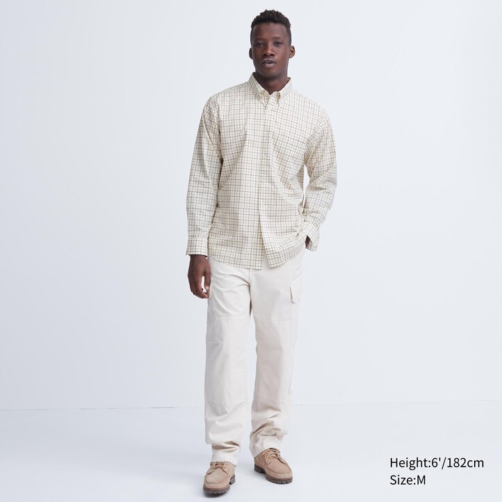 UNIQLO Extra Fine Cotton Broadcloth Regular Fit Checked Shirt Button Down Collar Hvite | 76CIVJBMU