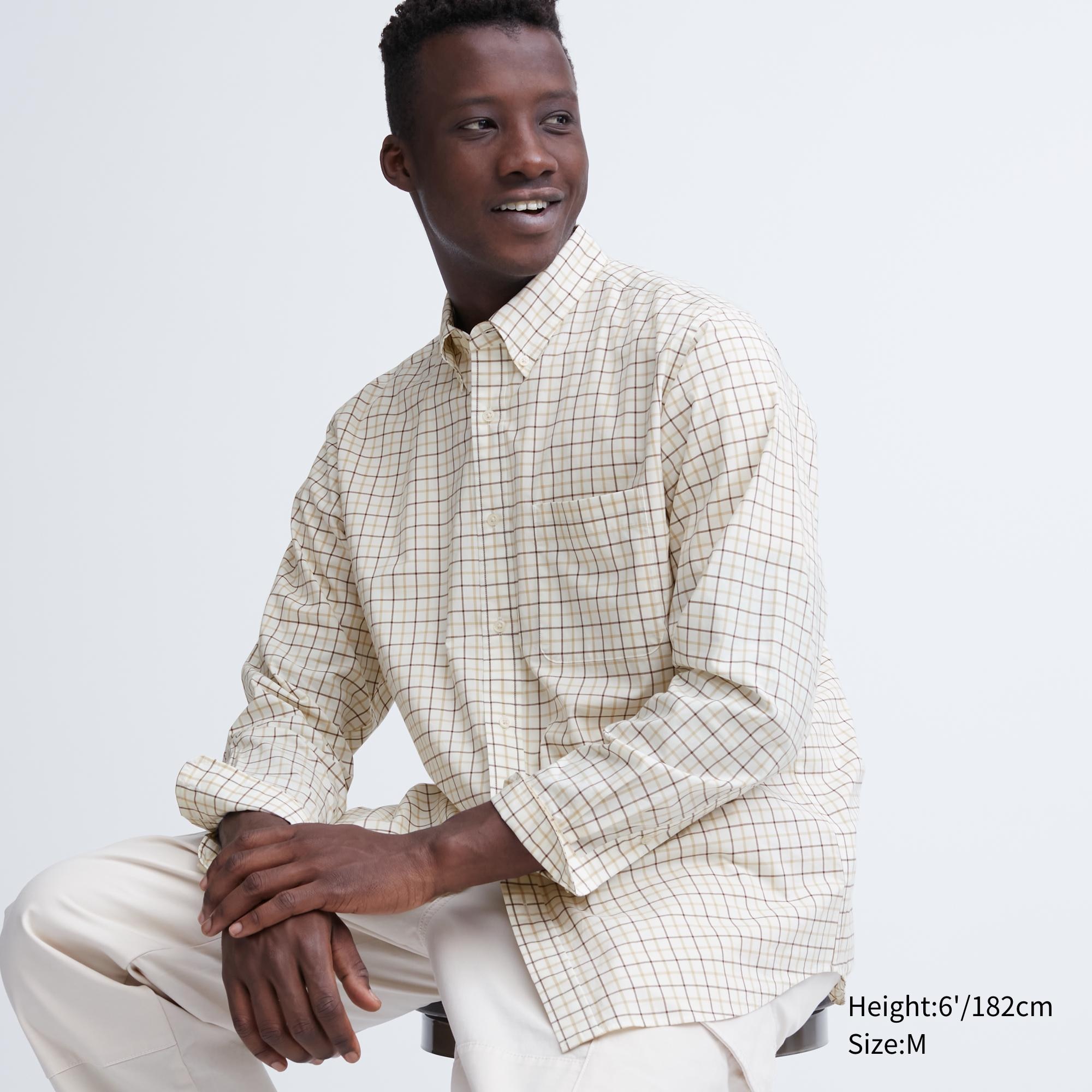 UNIQLO Extra Fine Cotton Broadcloth Regular Fit Checked Shirt Button Down Collar Hvite | 76CIVJBMU