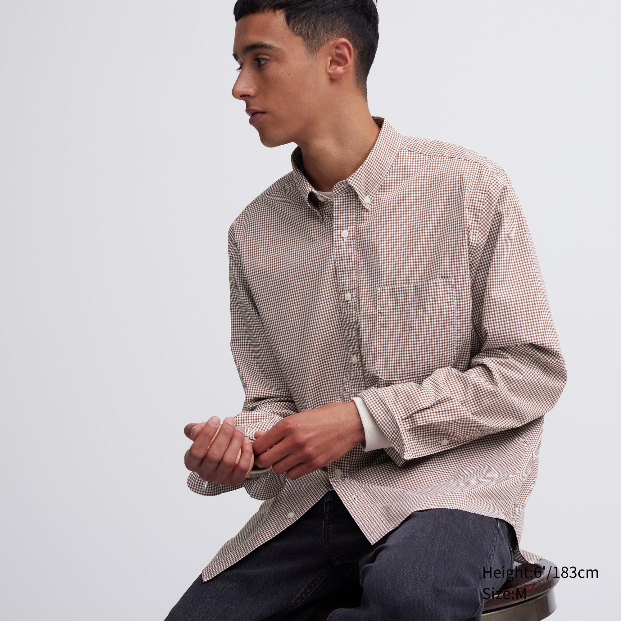 UNIQLO Extra Fine Cotton Broadcloth Regular Fit Checked Shirt Button Down Collar Brune | 72KPEQXJF