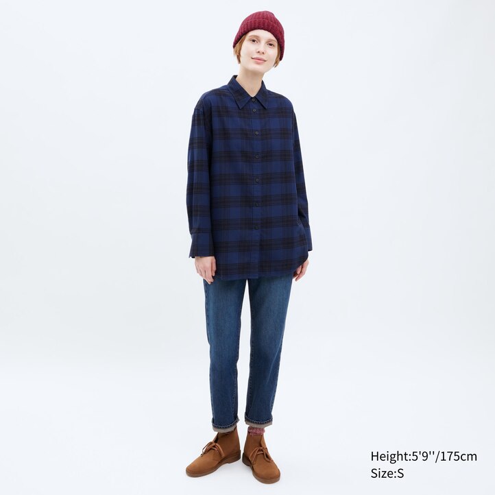 UNIQLO Flannel Checked Longline Shirt Beige | 25GETKJAI