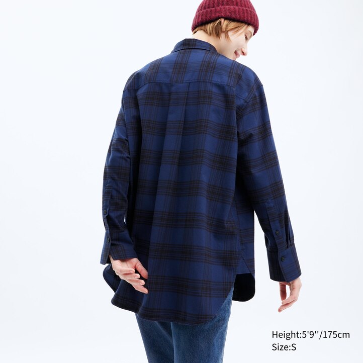 UNIQLO Flannel Checked Longline Shirt Beige | 25GETKJAI