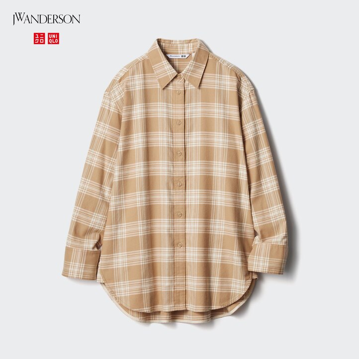 UNIQLO Flannel Checked Longline Shirt Beige | 25GETKJAI