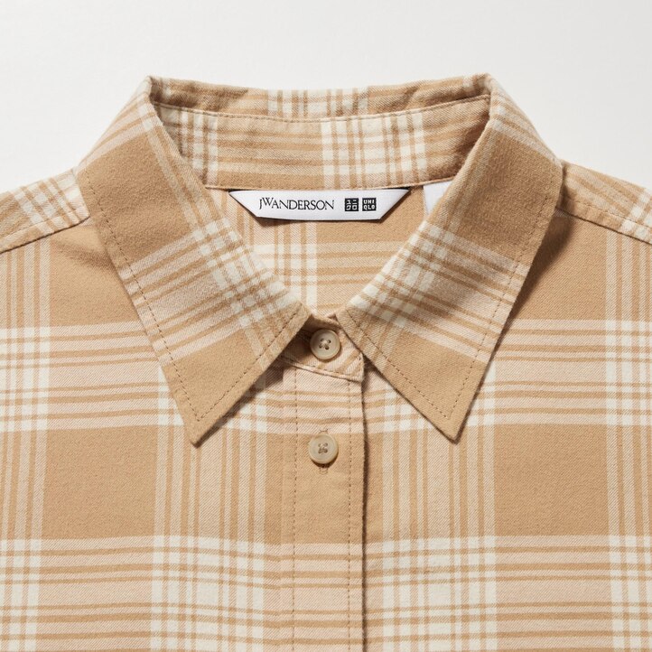 UNIQLO Flannel Checked Longline Shirt Beige | 25GETKJAI