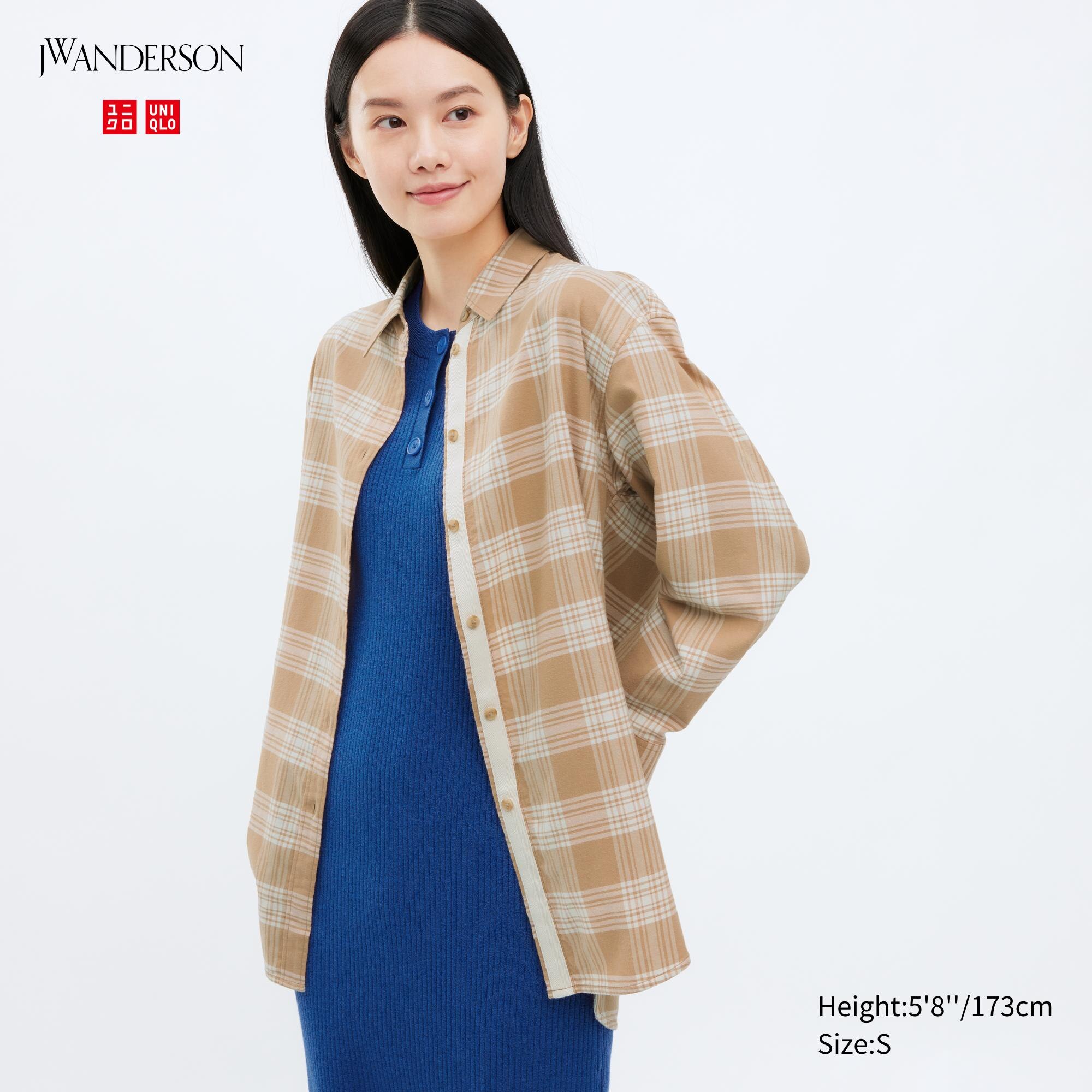 UNIQLO Flannel Checked Longline Shirt Beige | 25GETKJAI