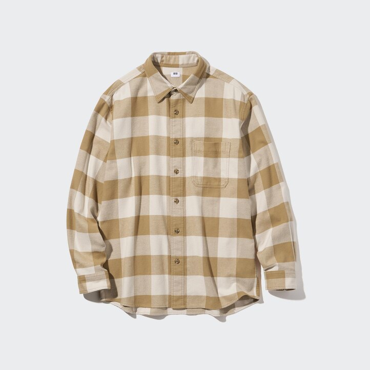 UNIQLO Flannel Checked Shirt Beige | 67HTGJUQK