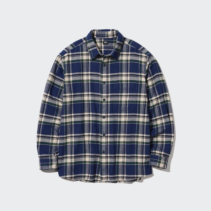 UNIQLO Flannel Regular Fit Checked Shirt Regular Collar Blå | 03OFGDMVA