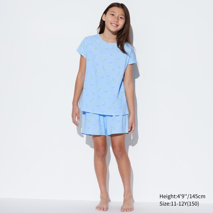 UNIQLO Girls Airism Cotton Blend Striped Short Sleeved Set Gul | 97MYUWHFS