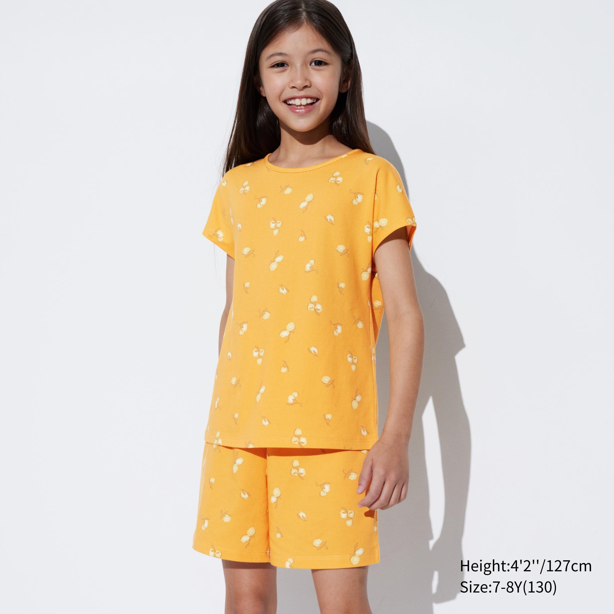 UNIQLO Girls Airism Cotton Blend Striped Short Sleeved Set Gul | 97MYUWHFS