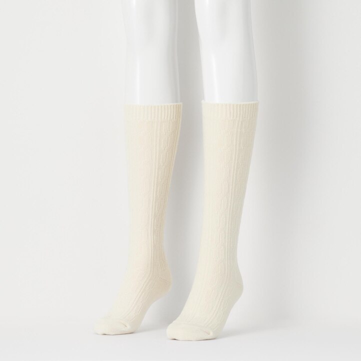 UNIQLO Heattech Cable Knit High Thermal Socks Hvite | 75TSVOIZJ