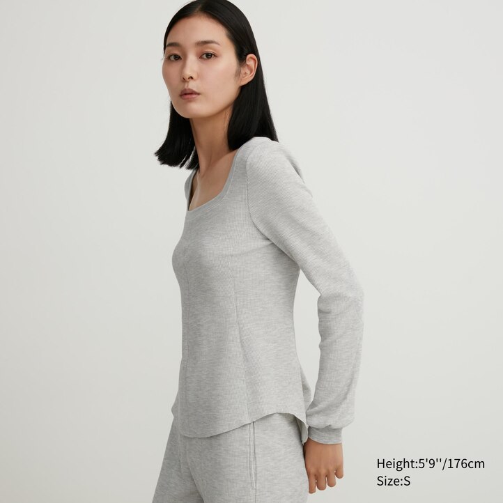 UNIQLO Heattech Extra Warm Waffle Square Neck Long Sleeved Thermal Top Svarte | 47WBHUVJO