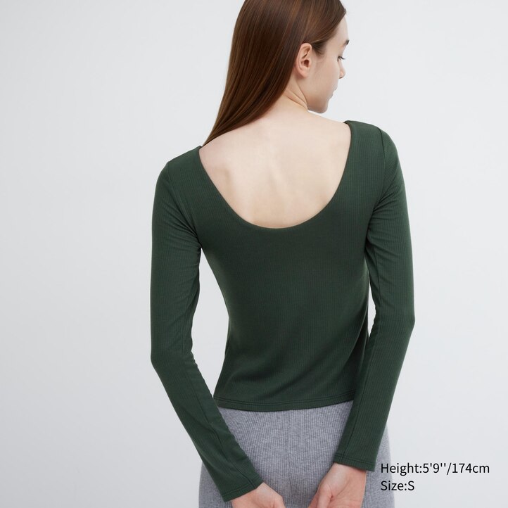 UNIQLO Heattech Ribbed Scoop Neck Long Sleeved Thermal Bra Top Mørke Grønn | 20EMGNCOB