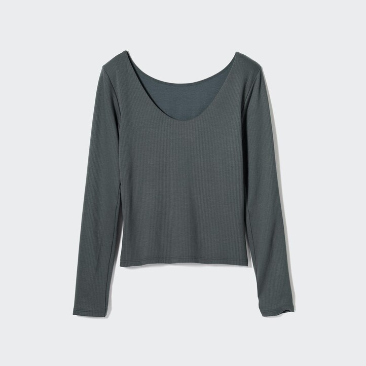 UNIQLO Heattech Ribbed Scoop Neck Long Sleeved Thermal Bra Top Mørke Grønn | 20EMGNCOB