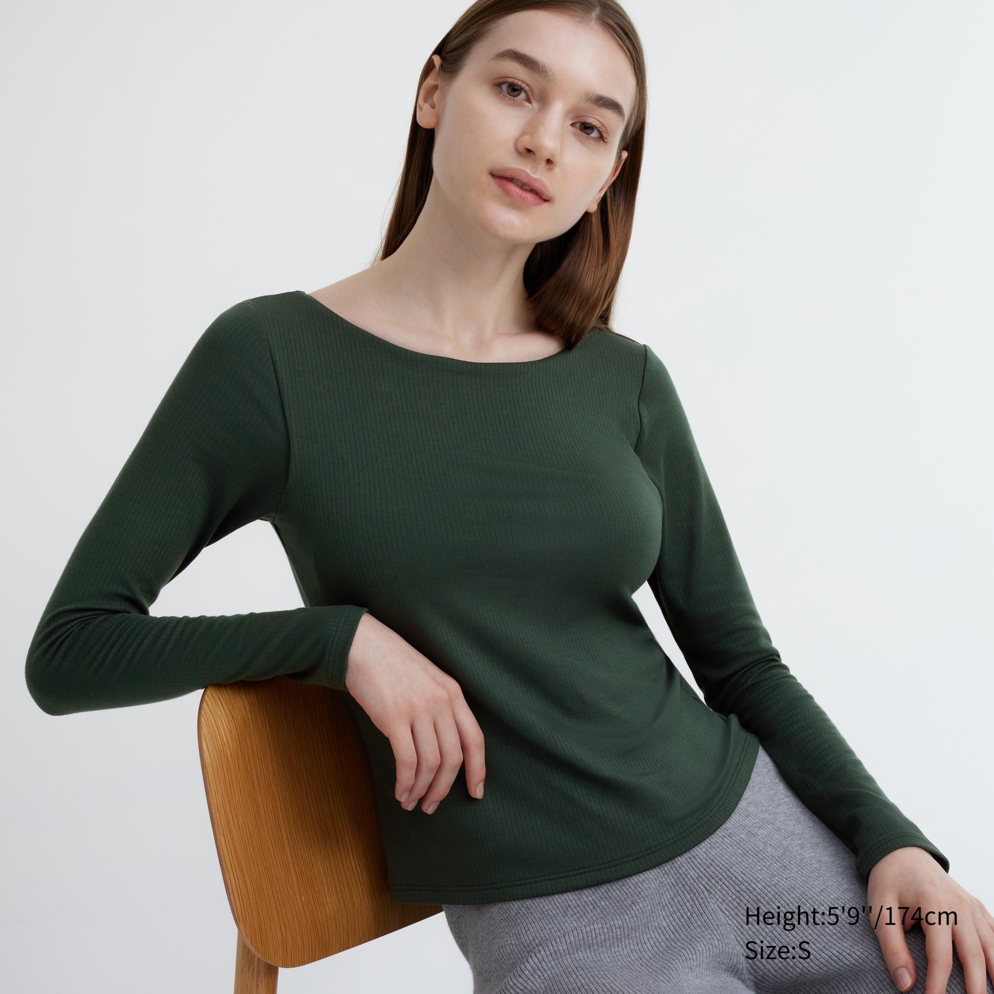 UNIQLO Heattech Ribbed Scoop Neck Long Sleeved Thermal Bra Top Mørke Grønn | 20EMGNCOB