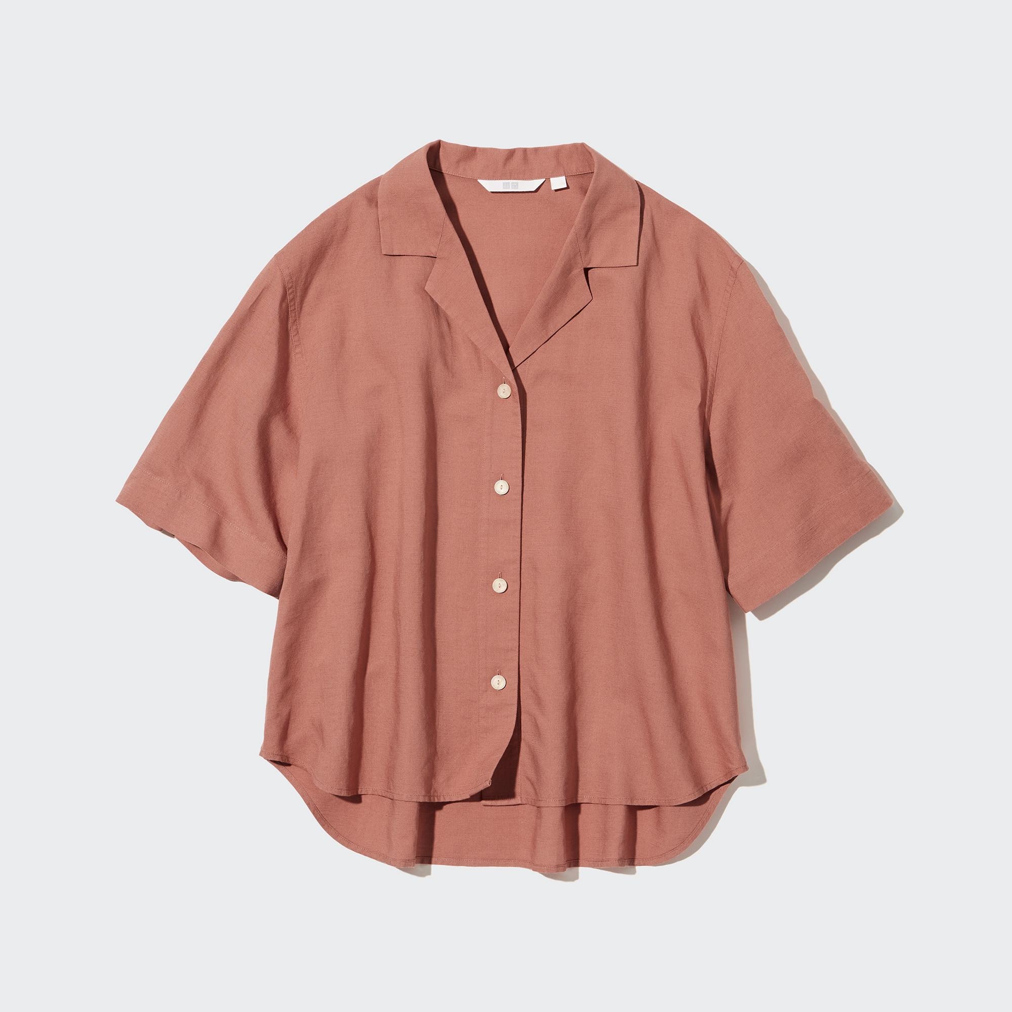 UNIQLO Linen Blend Open Collar Short Sleeved Shirt Brune | 41IMFVLYB