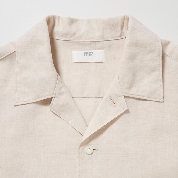 UNIQLO Linen Blend Short Sleeved Shirt Open Collar Natural | 64LRFVSWP