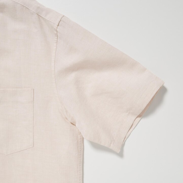 UNIQLO Linen Blend Short Sleeved Shirt Open Collar Natural | 64LRFVSWP