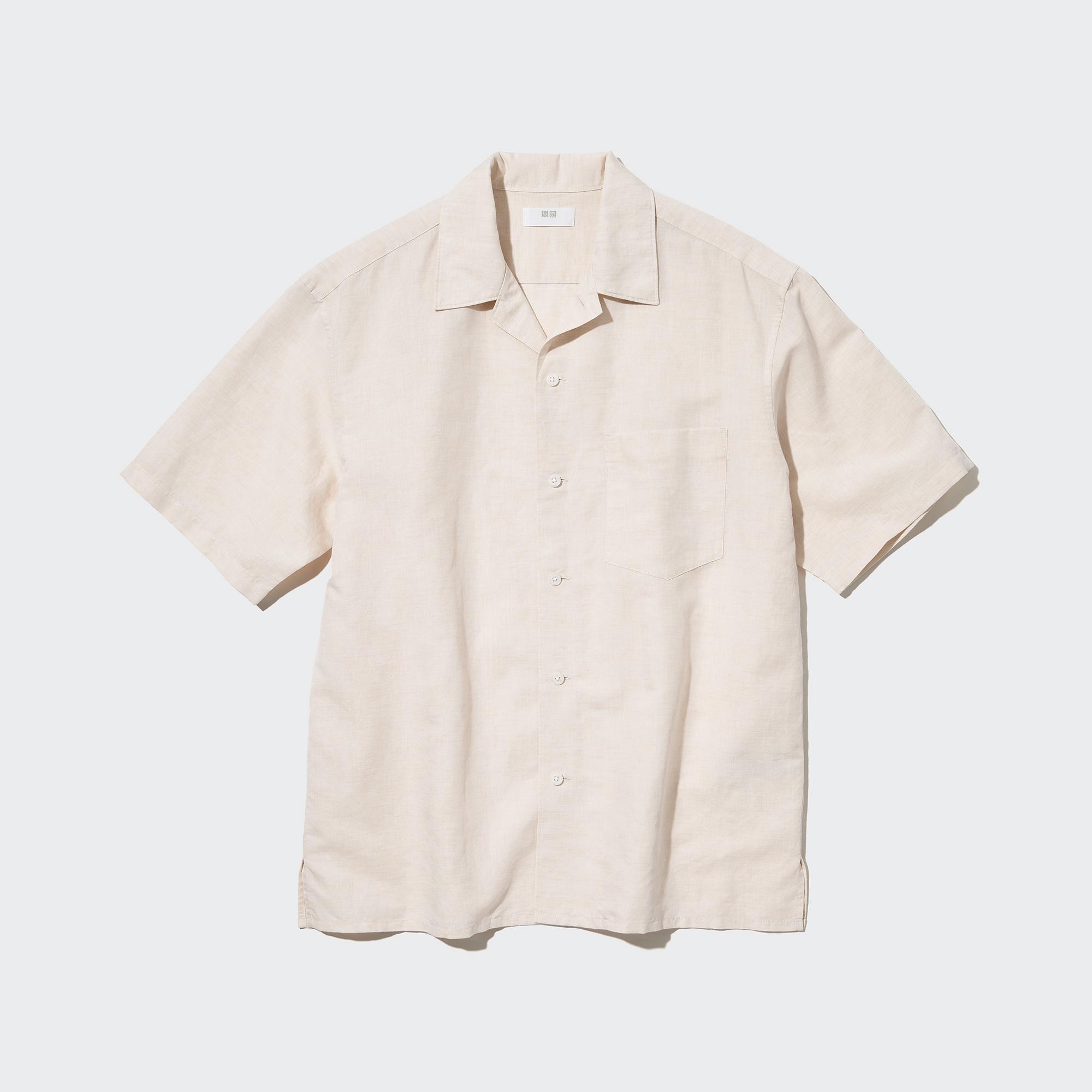 UNIQLO Linen Blend Short Sleeved Shirt Open Collar Natural | 64LRFVSWP