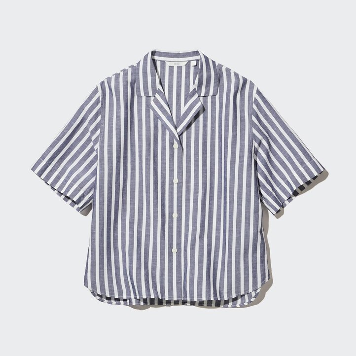 UNIQLO Linen Blend Striped Open Collar Short Sleeved Shirt Lyse Blå | 90GRONQPX