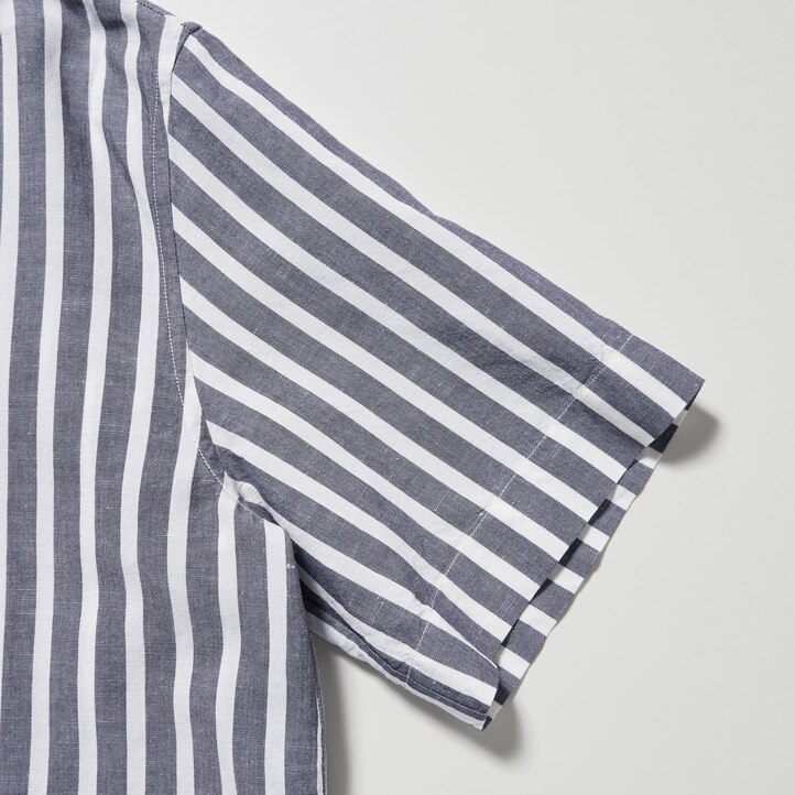 UNIQLO Linen Blend Striped Open Collar Short Sleeved Shirt Lyse Blå | 90GRONQPX