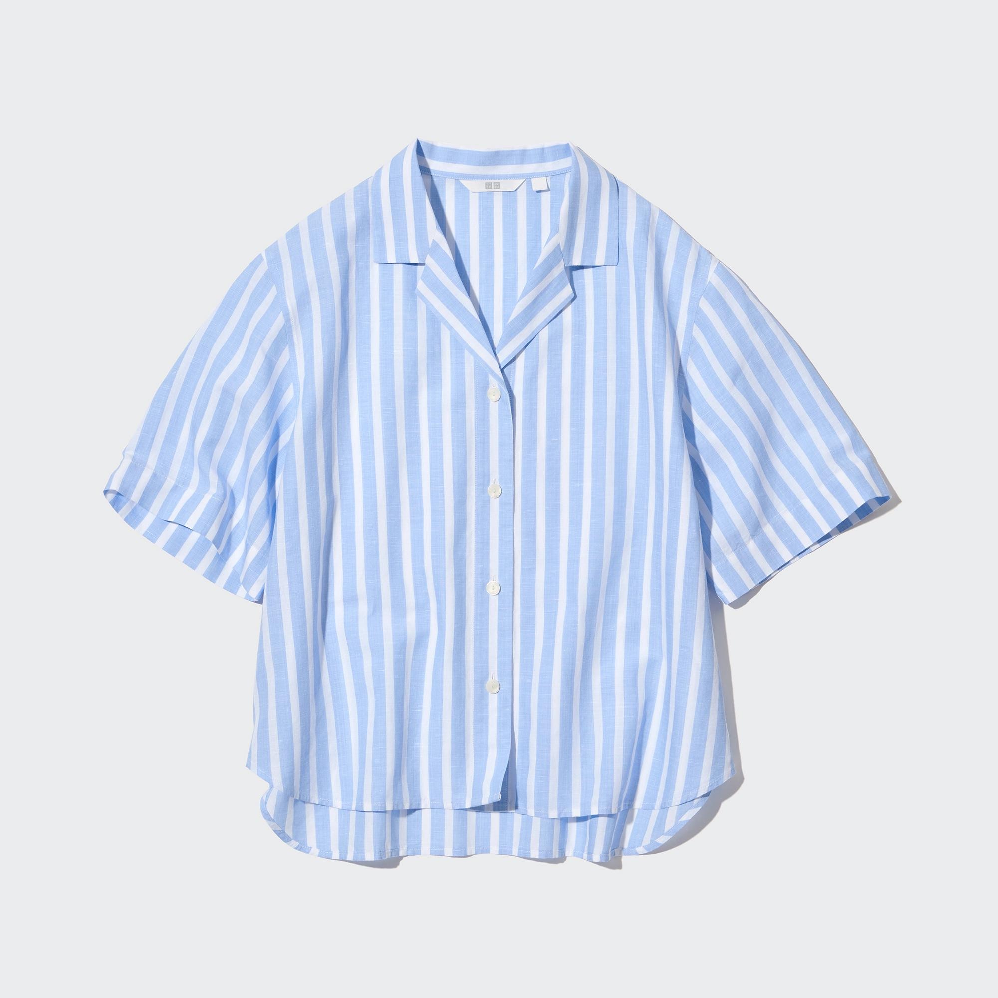 UNIQLO Linen Blend Striped Open Collar Short Sleeved Shirt Lyse Blå | 90GRONQPX