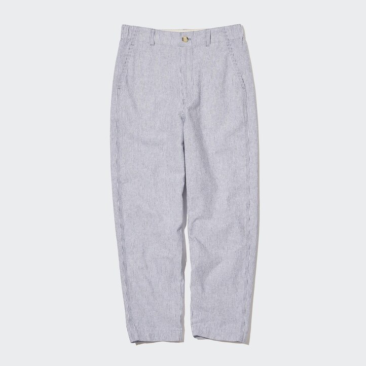 UNIQLO Linen Cotton Blend Striped Tapered Trousers Blå | 48PLNUFZD