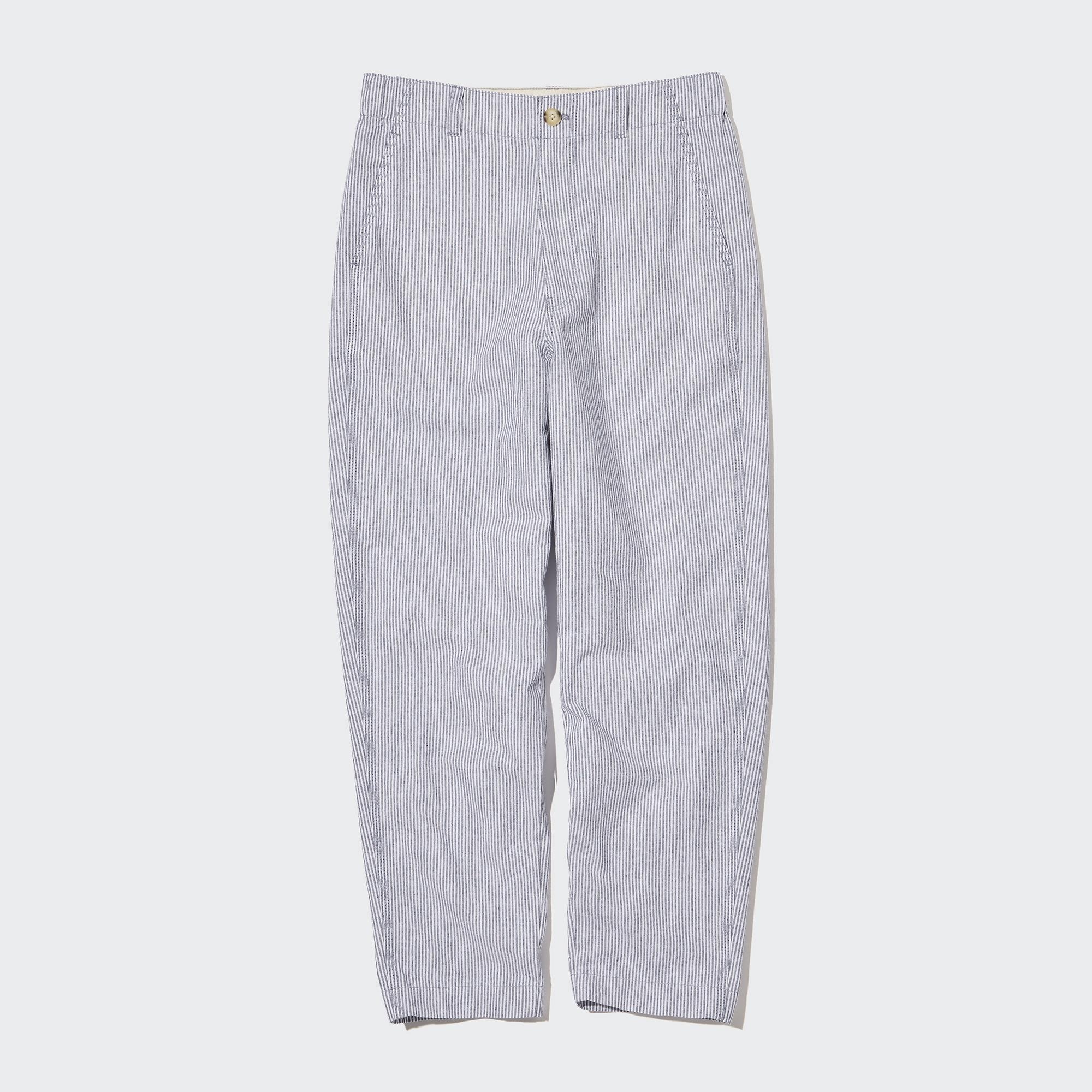 UNIQLO Linen Cotton Blend Striped Tapered Trousers Blå | 48PLNUFZD